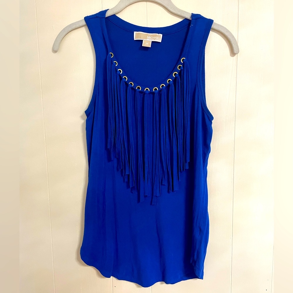 Michael Kors cobalt blue fringe tank top with gold accents
